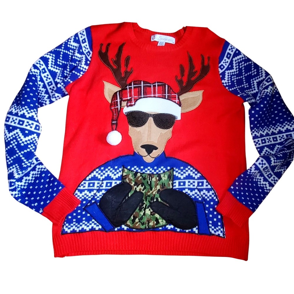 Funny Ugly Christmas Reindeer Sweater - COFFEE Embroidered -‎ Size M
